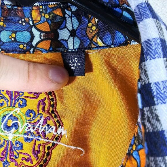 Robert Graham Button Up Shirt Men's Size L Blue Plaid Stained Glass Flip Cuff - Picture 3 of 13